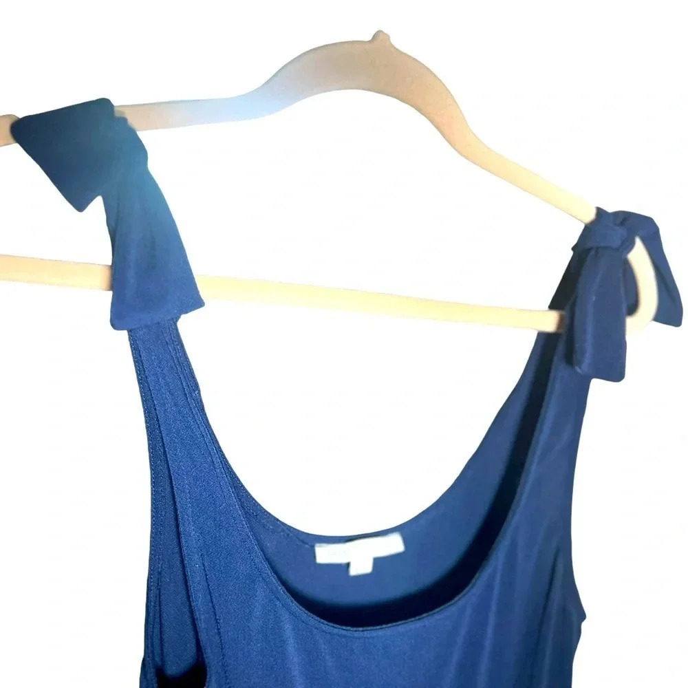 Green envelope shoulder tie bow sleeveless blue tiered drop dress size medium - Picture 7 of 9